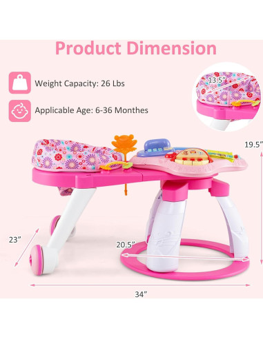 Andador para Bebés INFANS 3 en 1 con Mesa de Juego Rosa