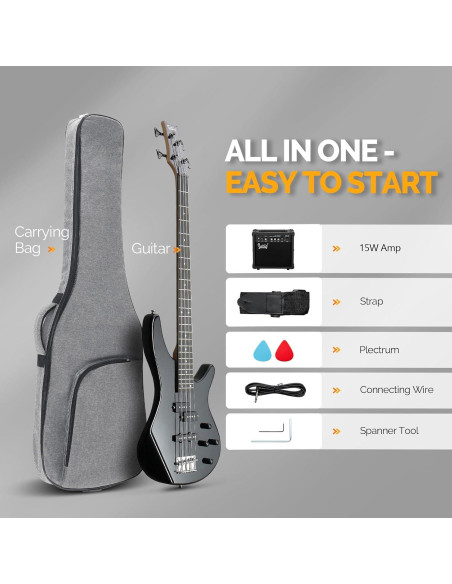 Guitarra Bajo Eléctrico Glarry GIB 4 Cuerdas Completo Negro