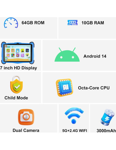 Tableta para Niños Fivahiva 7" Android 14, 10GB RAM, 64GB ROM