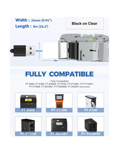 Cinta de Etiqueta Laminada 24mm HUIMAZJIA Negro sobre Transparente