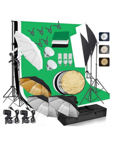 Kit de Iluminación Fotográfica EcoExplorer con 3 Fondos 1.8x2.8m