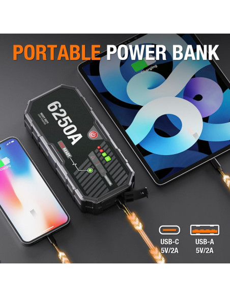 Arrancador de Batería ADORETRIP F40 6250A 12V Pantalla LED