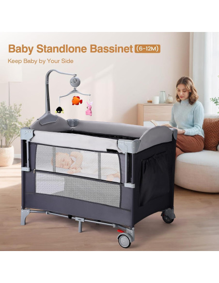 Cuna Lateral JOYMOR 4 en 1 para Bebés Gris - Pack and Play