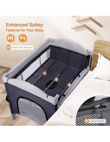 Cuna Lateral JOYMOR 4 en 1 para Bebés Gris - Pack and Play