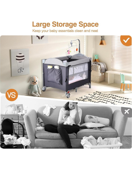 Cuna Lateral JOYMOR 4 en 1 para Bebés Gris - Pack and Play