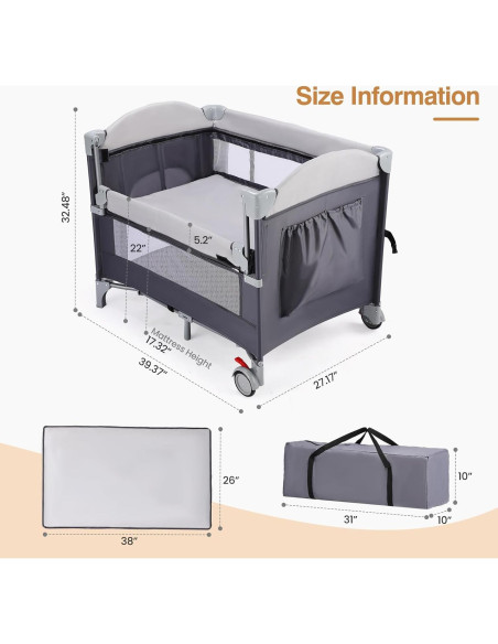 Cuna Lateral JOYMOR 4 en 1 para Bebés Gris - Pack and Play