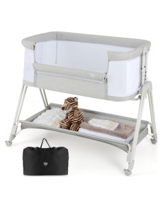 Cuna Lateral Plegable BABY JOY Gris con Colchón y Estante