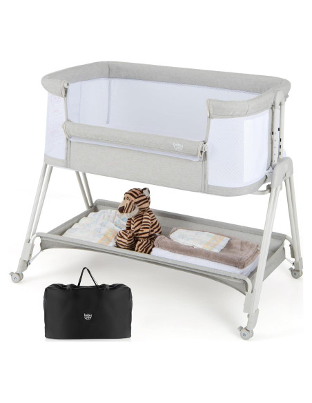 Cuna Lateral Plegable BABY JOY Gris con Colchón y Estante