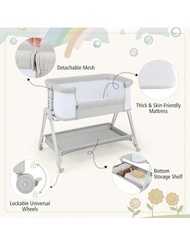 Cuna Lateral Plegable BABY JOY Gris con Colchón y Estante