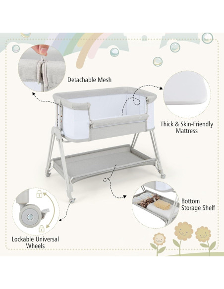 Cuna Lateral Plegable BABY JOY Gris con Colchón y Estante