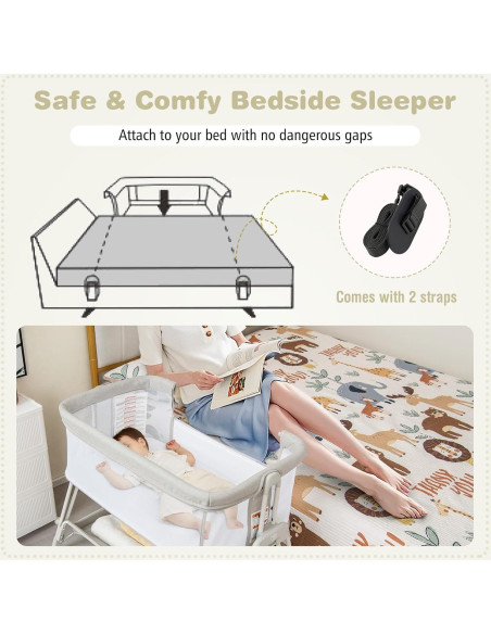 Cuna Lateral Plegable BABY JOY Gris con Colchón y Estante