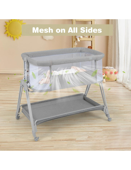 Cuna Lateral Plegable BABY JOY Gris con Colchón y Estante