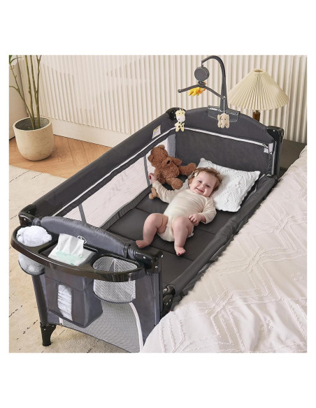 Cuna Plegable 5 en 1 MOOITZ Gris con Cambiador y Juguetes
