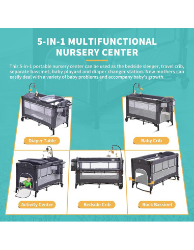 Cuna Plegable 5 en 1 MOOITZ Gris con Cambiador y Juguetes