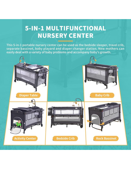 Cuna Plegable 5 en 1 MOOITZ Gris con Cambiador y Juguetes