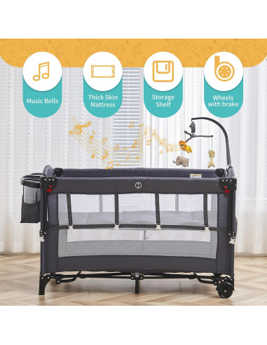 Cuna Plegable 5 en 1 MOOITZ Gris con Cambiador y Juguetes