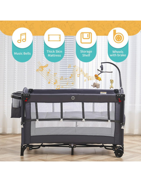 Cuna Plegable 5 en 1 MOOITZ Gris con Cambiador y Juguetes