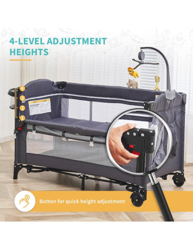 Cuna Plegable 5 en 1 MOOITZ Gris con Cambiador y Juguetes