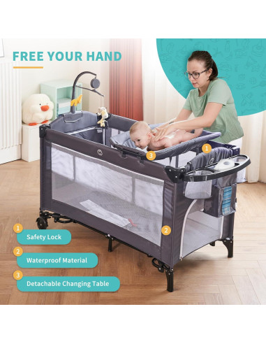 Cuna Plegable 5 en 1 MOOITZ Gris con Cambiador y Juguetes