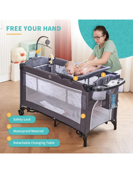 Cuna Plegable 5 en 1 MOOITZ Gris con Cambiador y Juguetes