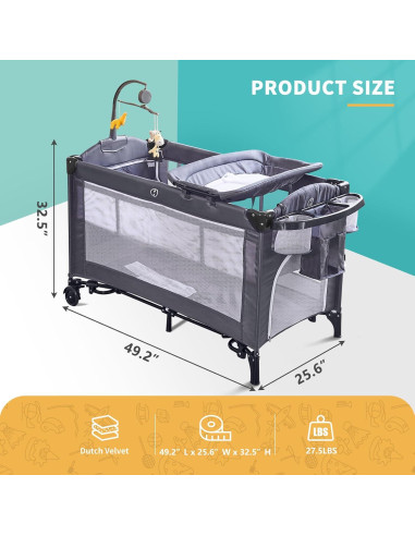 Cuna Plegable 5 en 1 MOOITZ Gris con Cambiador y Juguetes