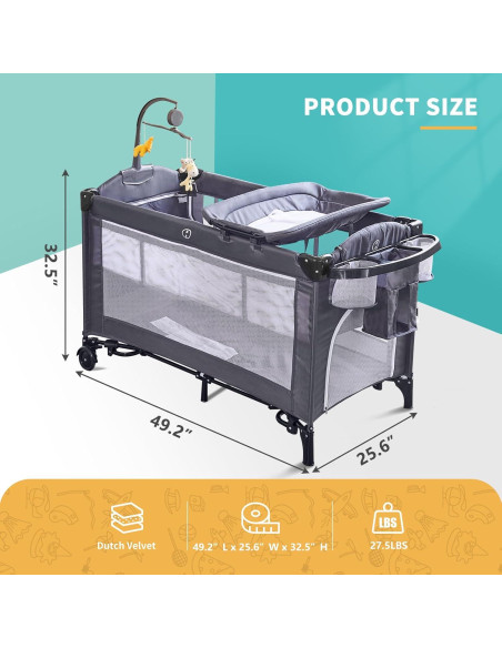 Cuna Plegable 5 en 1 MOOITZ Gris con Cambiador y Juguetes