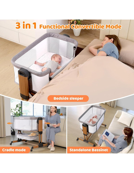 Cuna Mecedora 3 en 1 Ezebaby Ajustable con Ruedas y Almacenamiento