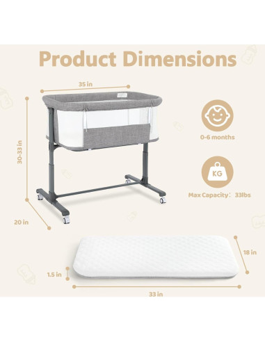 Cuna Kinder King Plegable con Ruedas y Altura Ajustable Gris