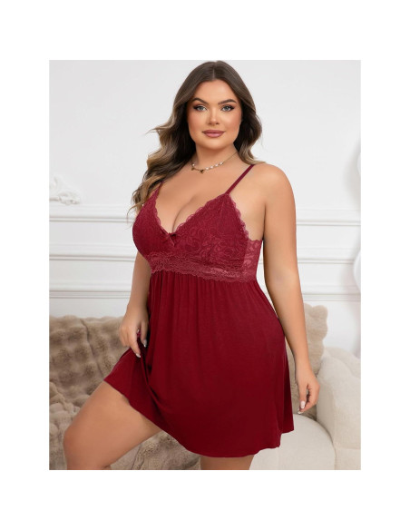 Lencería Babydoll de Encaje Rojo Talla Grande para Mujeres