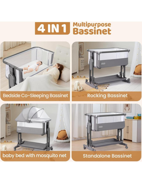 Cuna Lateral JOYMOR 4 en 1 Ajustable 7 Alturas Gris