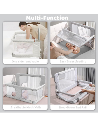 Cuna Lateral 3-en-1 UBRAVOO Gris Acolchado Ajustable