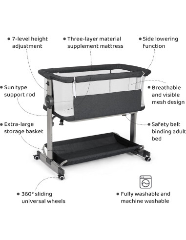 Cuna Lateral Cowiewie YE-01 para Bebé con Ruedas y Oscilación