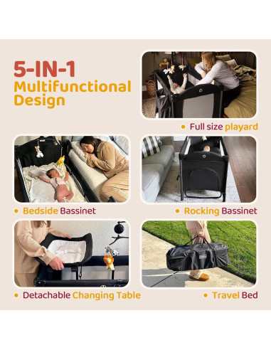 Cuna portátil 5 en 1 HARPPA negra con cambiador y ruedas