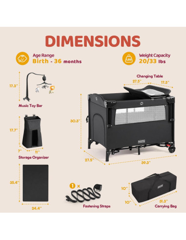 Cuna portátil 5 en 1 HARPPA negra con cambiador y ruedas