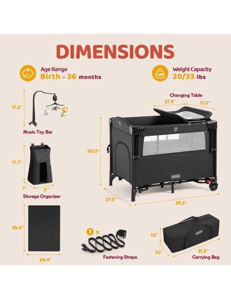 Cuna portátil 5 en 1 HARPPA negra con cambiador y ruedas