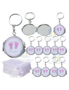 12 Espejos Compactos de Llavero WE para Baby Shower Rosa