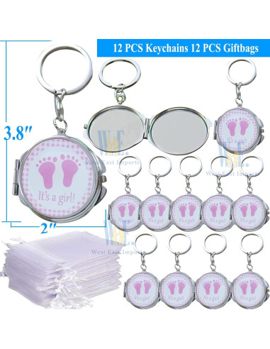 12 Espejos Compactos de Llavero WE para Baby Shower Rosa