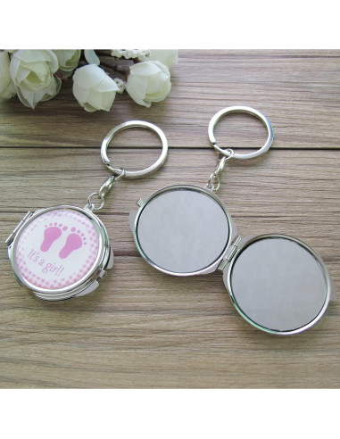 12 Espejos Compactos de Llavero WE para Baby Shower Rosa