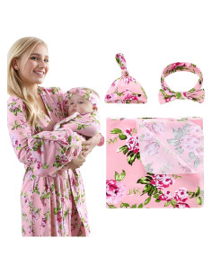 Conjunto de Maternidad 4 Piezas Algodón Rosa - Bata, Manta, Gorro y Diadema