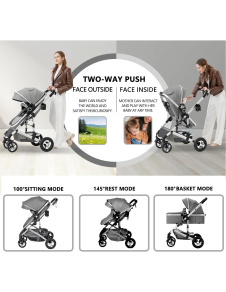 Cochecito Kinder King 2 en 1 Plegable Reversible Gris Claro