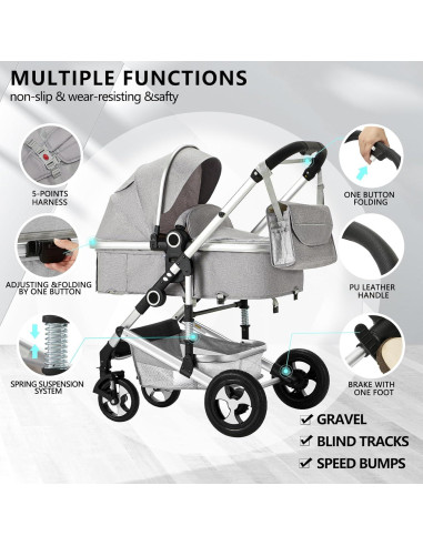 Cochecito Kinder King 2 en 1 Plegable Reversible Gris Claro