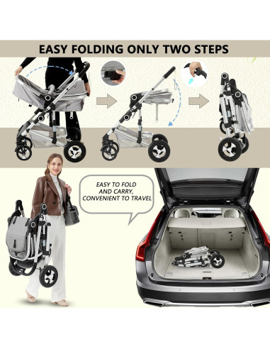 Cochecito Kinder King 2 en 1 Plegable Reversible Gris Claro