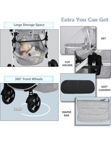 Cochecito Kinder King 2 en 1 Plegable Reversible Gris Claro
