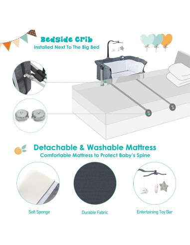 Cuna Lateral Ajustable BABY JOY con Colchón y Soporte para Juguetes