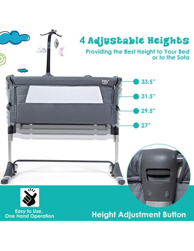 Cuna Lateral Ajustable BABY JOY con Colchón y Soporte para Juguetes