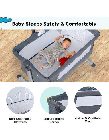 Cuna Lateral Ajustable BABY JOY con Colchón y Soporte para Juguetes