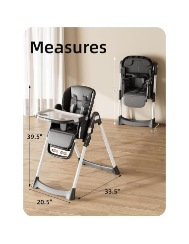 Silla Alta Plegable para Bebés y Niños con Bandeja Ajustable Negra