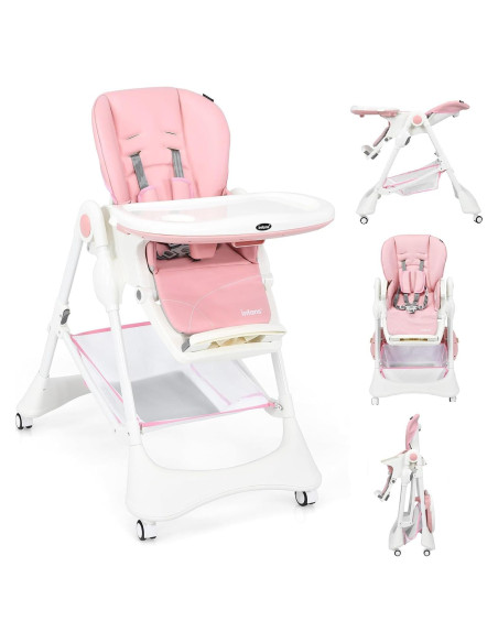 Silla Alta INFANS Plegable Rosa Claro con Bandeja Desmontable