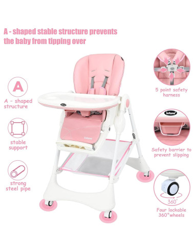 Silla Alta INFANS Plegable Rosa Claro con Bandeja Desmontable