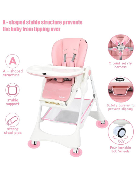 Silla Alta INFANS Plegable Rosa Claro con Bandeja Desmontable